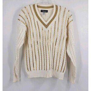 Melbourne Classix Vintage Womens White Gold Sequined Stripes Sweater Sz L